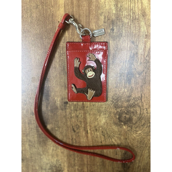 Vintage Coach Patent Leather Lanyard Badge Holder Red With Monkey - Picture 8 of 11